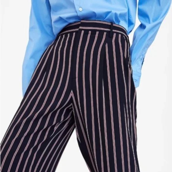 Zara Dress Pants S Trousers Navy Blue Striped Baggy Fit - Picture 1 of 13